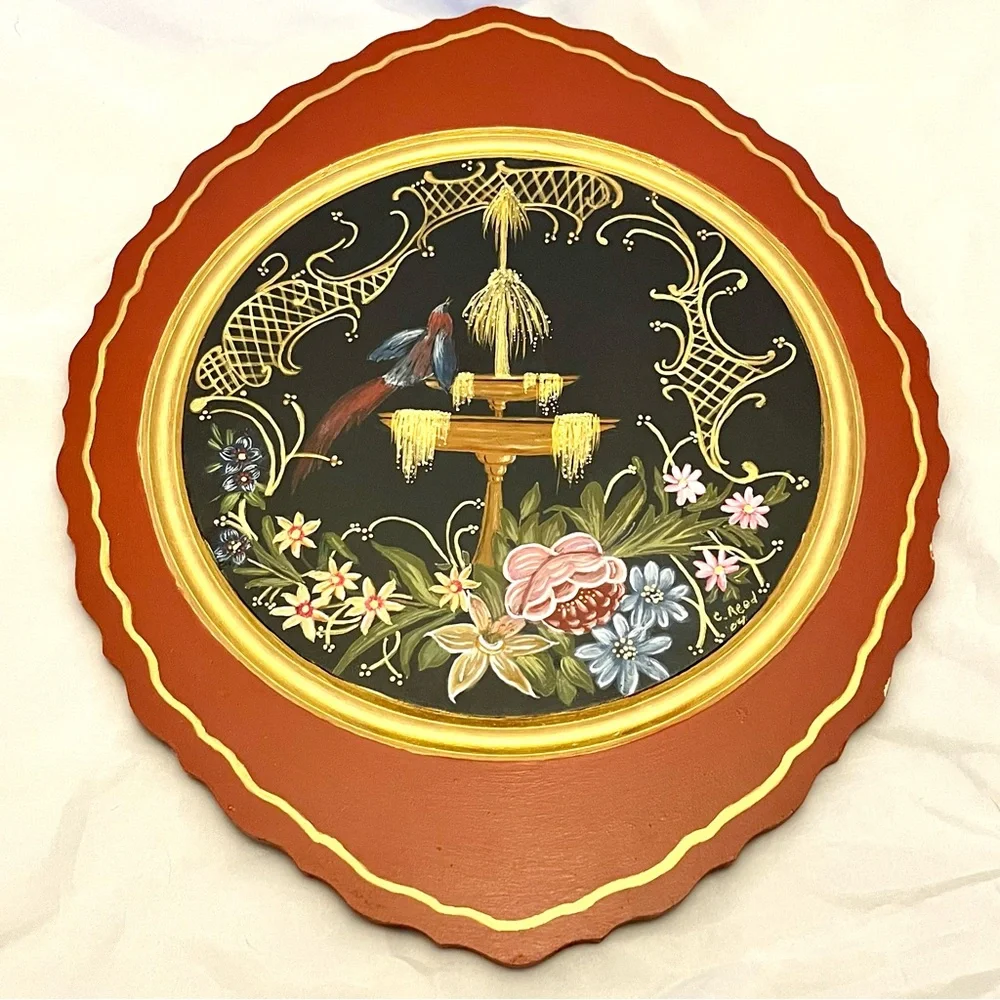 Hand-painted Wooden Table Decor, Signed by Artist, Bird Flowers 2004